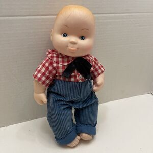Vintage Uneeda Doll Chubby Boy With Outfit Blue Eyes 15 Inch Tall Plaid Denim